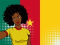african american girl makes selfie in front of national flag Cameroon in pop art style illustration. Element of sport fan illustra