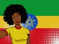 african american girl makes selfie in front of national flag Ethiopia in pop art style illustration. Element of sport fan illustra