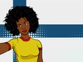 african american girl makes selfie in front of national flag Finland in pop art style illustration. Element of sport fan illustrat