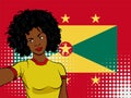 african american girl makes selfie in front of national flag Grenada in pop art style illustration. Element of sport fan illustrat Royalty Free Stock Photo