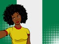 african american girl makes selfie in front of national flag Nigeria in pop art style illustration. Element of sport fan illustrat