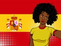 african american girl makes selfie in front of national flag Spain in pop art style illustration. Element of sport fan illustratio