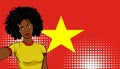 african american girl makes selfie in front of national flag Vietnam in pop art style illustration. Element of sport fan illustrat