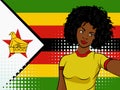 african american girl makes selfie in front of national flag Zimbabwe in pop art style illustration. Element of sport fan illustra Royalty Free Stock Photo