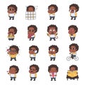 African american girl multicolored stickers (emoji) vector set. Cute naive style.