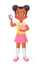 African American girl with piggy bank and calculator. Smart kid saving money for future. Isolated vector illustration.