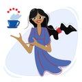 African American girl points to a cup of coffee with American symbols. Young swarthy woman advertises coffee. Vector