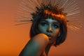 African american girl posing in headpiece with needles