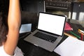 African american girl raising hand while attending online lecture over laptop at home, copy space Royalty Free Stock Photo