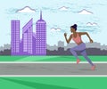 African American girl running in the Park, in the city. Young African American girl on a run in the morning in the city