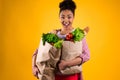 African American girl with groceries bags isolated