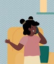 African american girl talks mobile phone at home, cartoon vector illustration. Royalty Free Stock Photo