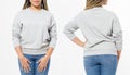 African american girl in template blank sweatshirt isolated on white background. Front and rear pullover view. Copy space and mock