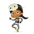 African-American girl wearing skeletom costume and skull mask dancing. Girl kid in Halloween costume dancing and