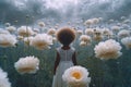 An African-American girl in a white dress in a fantasy world surrounded by a field of giant white flowers