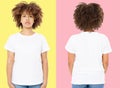 African american girl in white t shirt template on isolated. Blank t shirt design. Front and back view. Mock up and copy space Royalty Free Stock Photo