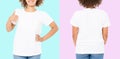 African american girl in white t shirt template on isolated. Blank t shirt design. Front and back view. Mock up and copy space. Royalty Free Stock Photo