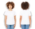 African american girl in white t shirt template and shadow on isolated wall background. Blank t shirt design. Front and back view Royalty Free Stock Photo