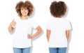 African american girl in white t shirt template and shadow on isolated wall background. Blank t shirt design. Front back view Royalty Free Stock Photo