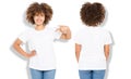 African american girl in white t shirt template and shadow on isolated wall background. Blank t shirt design. Front and back view Royalty Free Stock Photo