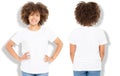 African american girl in white t shirt template and shadow on isolated wall background. Blank t shirt design. Front and back view Royalty Free Stock Photo