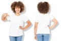 African american girl in white t shirt template and shadow on isolated wall background. Blank t shirt design. Front and back view Royalty Free Stock Photo