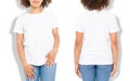 African american girl in white t shirt template and shadow on isolated wall background. Blank t shirt design. Front and back view Royalty Free Stock Photo