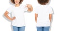 African american girl in white t shirt template and shadow on isolated wall background. Blank t shirt design. Front and back view Royalty Free Stock Photo
