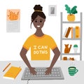 African american girl works before computer, typing on keyboard, looking on the screen. Business, lifestyle, educational concept.