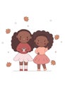 Kawaii African American girls hugging. Cute little sisters with flowers. design. Stock vector illustration