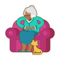 African American grandmother and joystick. Black granny play video games. old woman on an armchair with gamepad. Cat and elderly