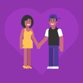 African american guy and girl hold hands and smile. Flat people