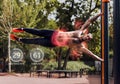 African American guy working out at sports ground, collage with health parameters on virtual screen