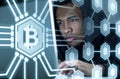 African American hacker and bitcoins, side Royalty Free Stock Photo