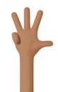 African American hand. Hand gesture number four. Counting on fingers. Thumb, index, middle, ring fingers are unclenched. Hand in