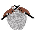 African American hands knitting a gray brain. Concept of mind and memory. Design for decoration