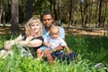 African American happy family: black father, mom and baby boy on nature.