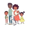 African American happy family. Parents and children. Cute cartoon dad, mom, daughter, son and baby.