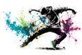 African American hip hop dancer performing on watercolor splash background. Neural network generated art Royalty Free Stock Photo