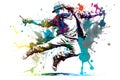 African American hip hop dancer performing on watercolor splash background. Neural network generated art Royalty Free Stock Photo