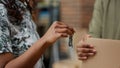 African american homeowners holding house keys and boxes Royalty Free Stock Photo