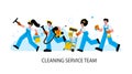 African american janitors team in rubber glove and uniform run to clean up house and office room.Vector illustration.