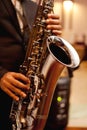 African American jazz musician playing the saxophone, closeup Royalty Free Stock Photo