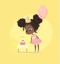 African American Kid Girl Blow Birthday Cake Candle Holding Balloon. Cute Baby Girl Blowing out Birth Party Cupcake