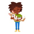 African American kid holding or hugging corgi Royalty Free Stock Photo