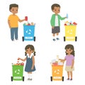 African American Kids Sorting Trash for Recycling Vector Set