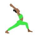 African American lady in green tracksuit yoga pose in cartoon flat style. Pilates, mental health Royalty Free Stock Photo