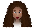 African American lady. Head of a woman with blue eyes. Colored vector illustration. Brunette girl face. Long curls, Afro hairstyle