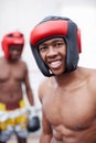 African American male boxer smiling. Portrait of African American male boxer smiling with competitor standing in