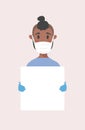 African American male character with board. Cartoon masked people in gloves. Isolated avatar. Flat illustration protected men face